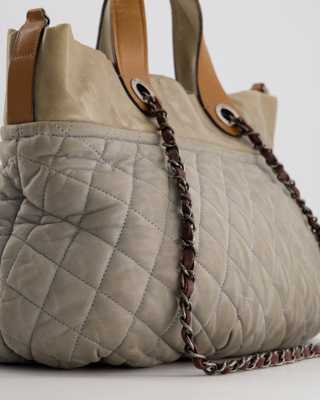 Top Quality Chanel Stormy Grey Nubuck Leather Portobello Tote Bag with Tan Leather Handle and Ruthenium Hardware