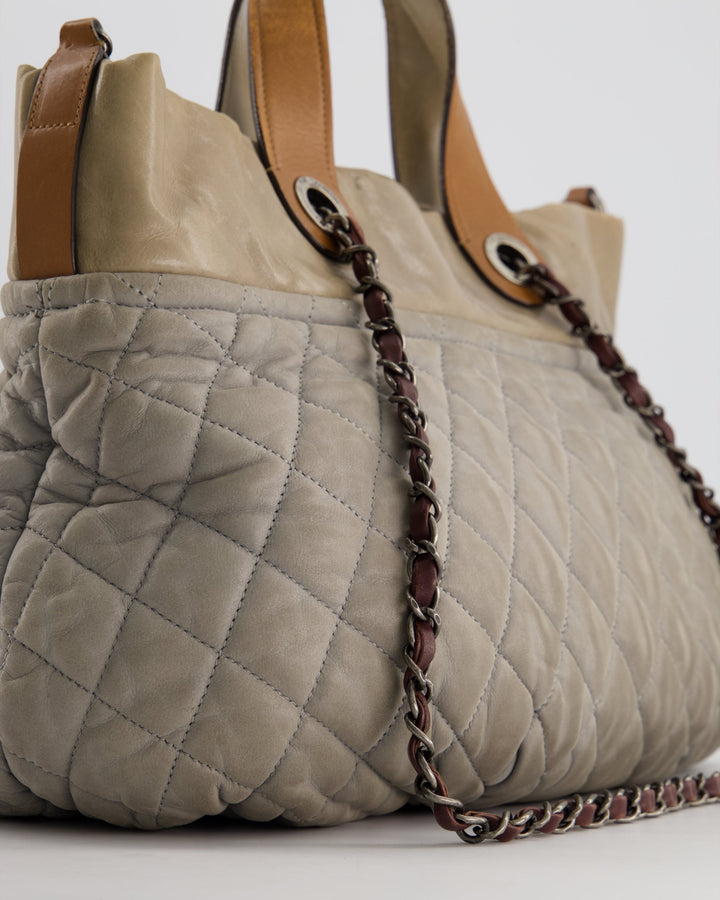 Top Quality Chanel Stormy Grey Nubuck Leather Portobello Tote Bag with Tan Leather Handle and Ruthenium Hardware