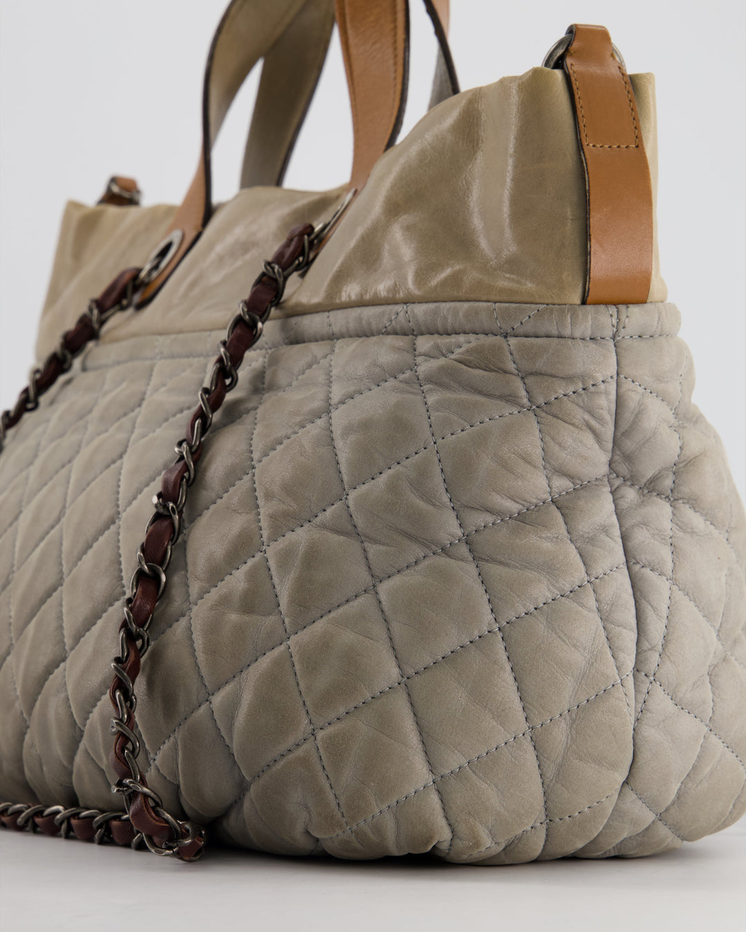 Top Quality Chanel Stormy Grey Nubuck Leather Portobello Tote Bag with Tan Leather Handle and Ruthenium Hardware