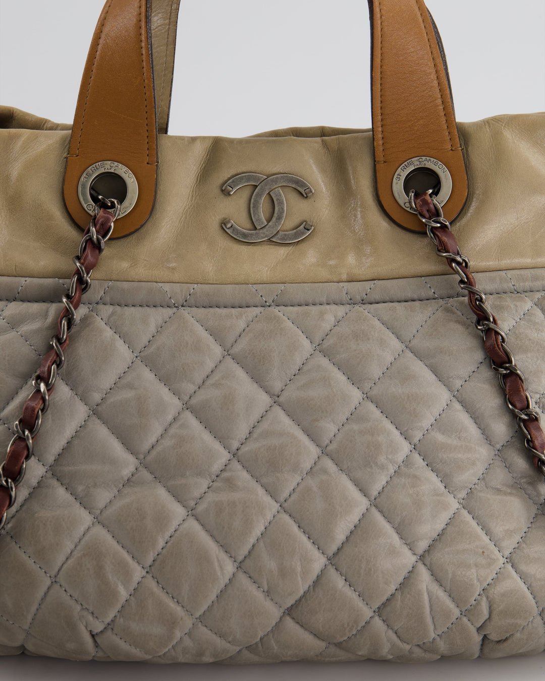 Top Quality Chanel Stormy Grey Nubuck Leather Portobello Tote Bag with Tan Leather Handle and Ruthenium Hardware