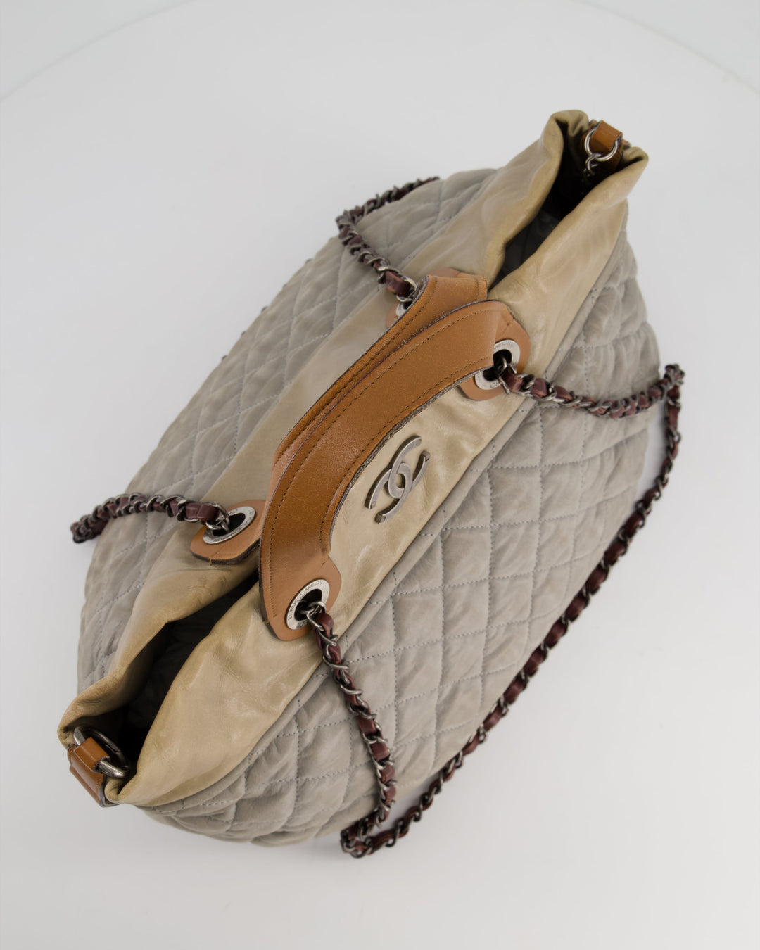 Top Quality Chanel Stormy Grey Nubuck Leather Portobello Tote Bag with Tan Leather Handle and Ruthenium Hardware
