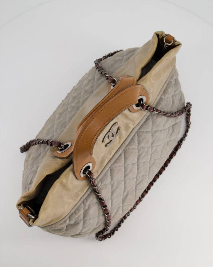 Top Quality Chanel Stormy Grey Nubuck Leather Portobello Tote Bag with Tan Leather Handle and Ruthenium Hardware