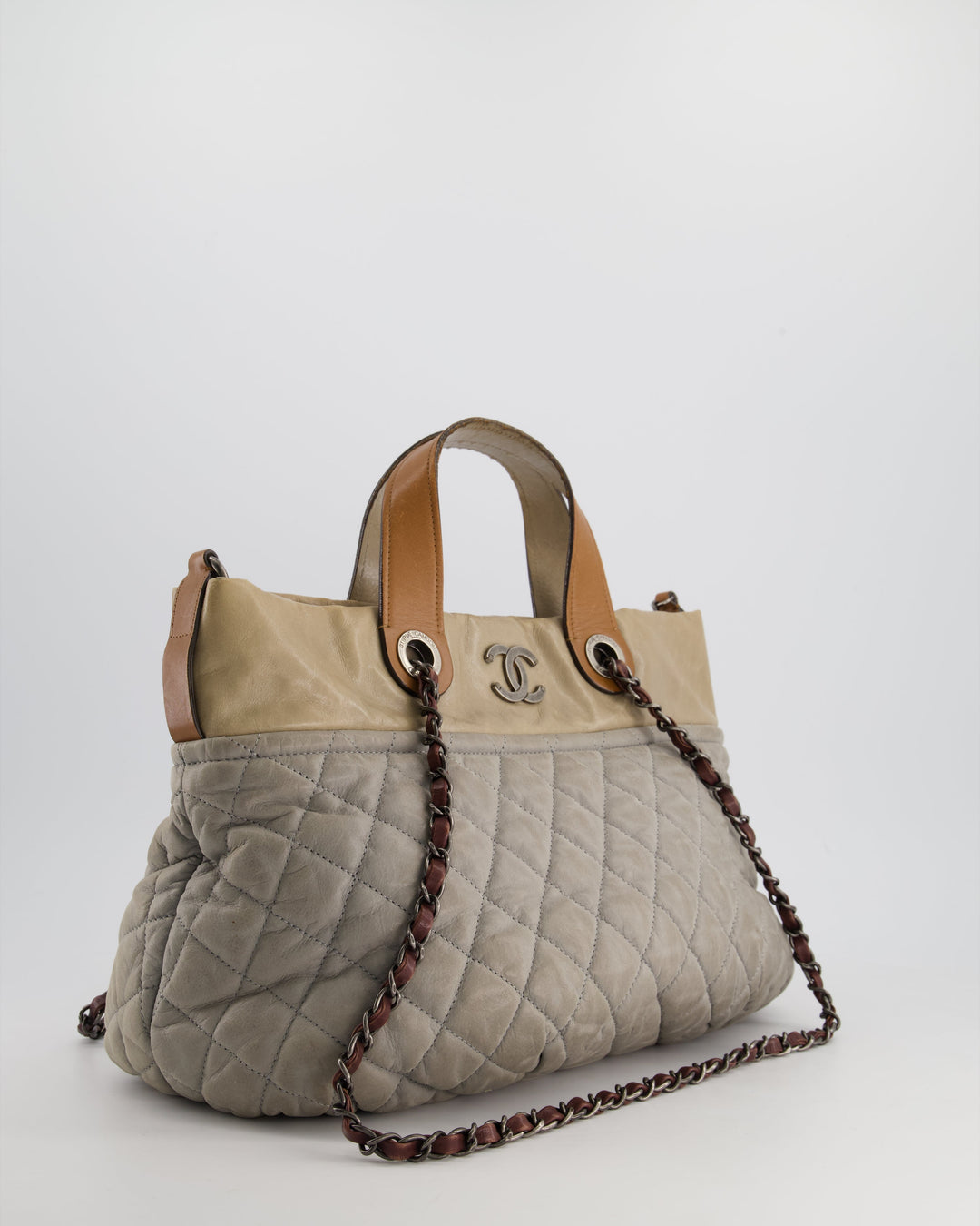 Top Quality Chanel Stormy Grey Nubuck Leather Portobello Tote Bag with Tan Leather Handle and Ruthenium Hardware