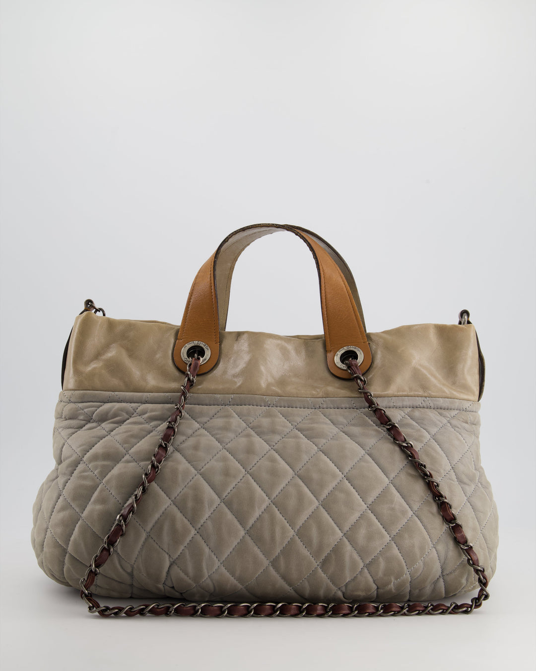 Top Quality Chanel Stormy Grey Nubuck Leather Portobello Tote Bag with Tan Leather Handle and Ruthenium Hardware