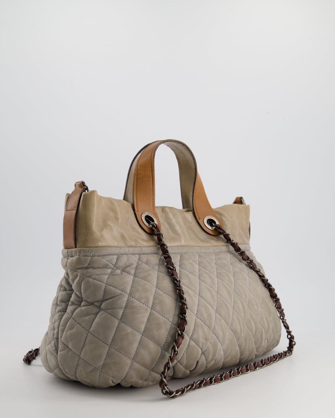 Top Quality Chanel Stormy Grey Nubuck Leather Portobello Tote Bag with Tan Leather Handle and Ruthenium Hardware