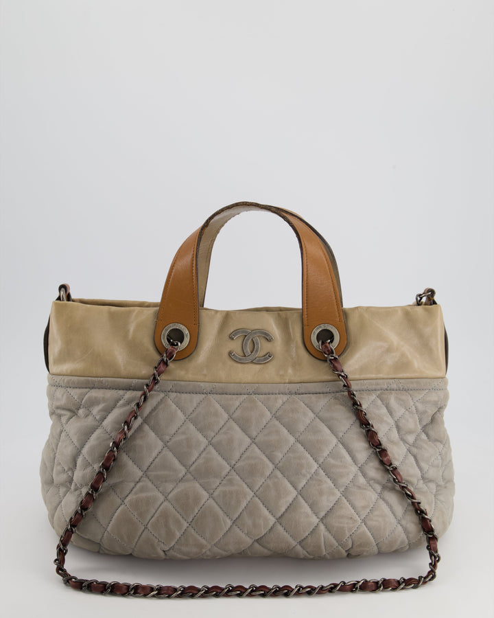 Top Quality Chanel Stormy Grey Nubuck Leather Portobello Tote Bag with Tan Leather Handle and Ruthenium Hardware