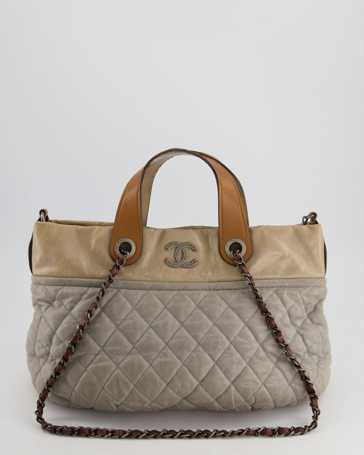 Top Quality Chanel Stormy Grey Nubuck Leather Portobello Tote Bag with Tan Leather Handle and Ruthenium Hardware