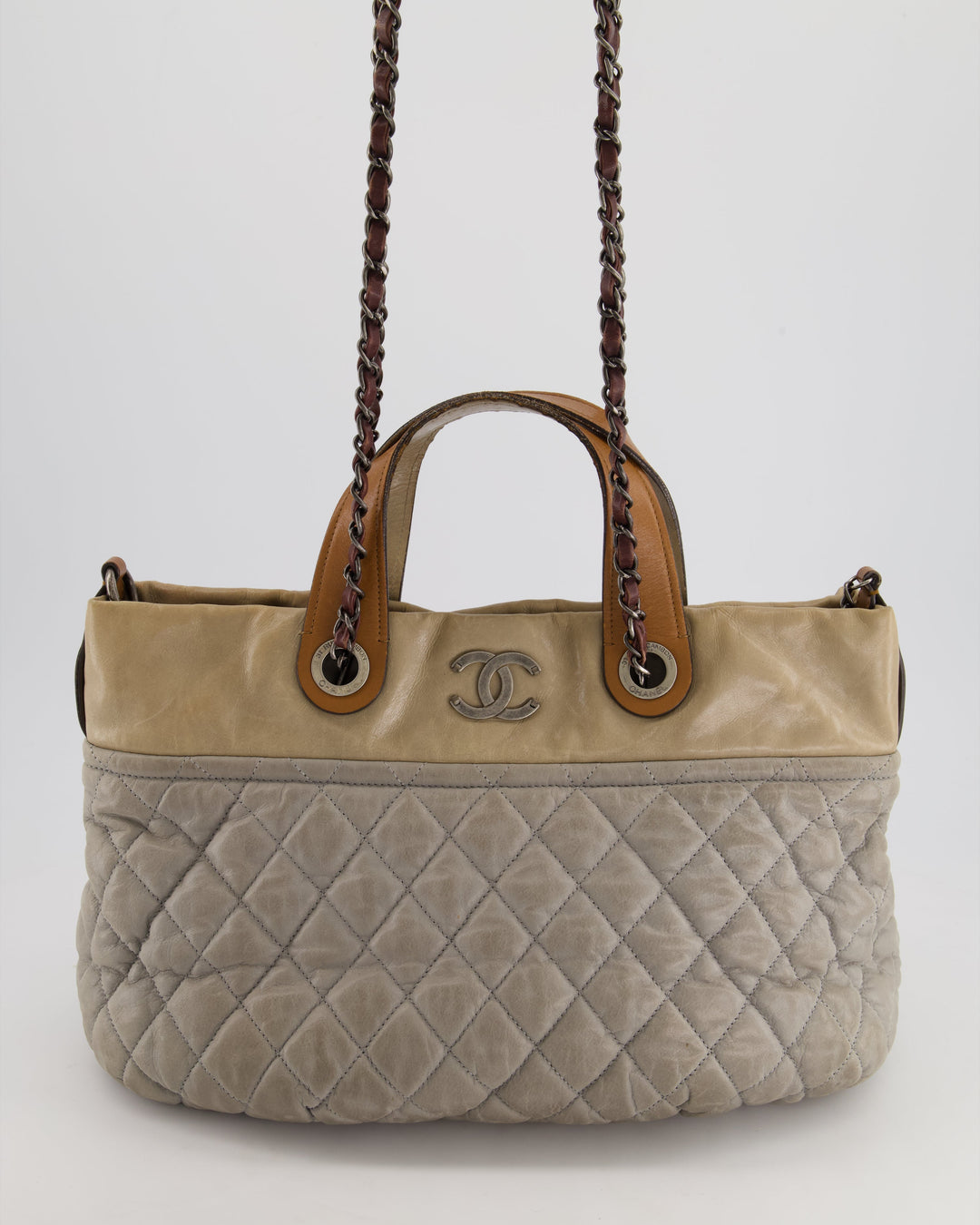 Top Quality Chanel Stormy Grey Nubuck Leather Portobello Tote Bag with Tan Leather Handle and Ruthenium Hardware