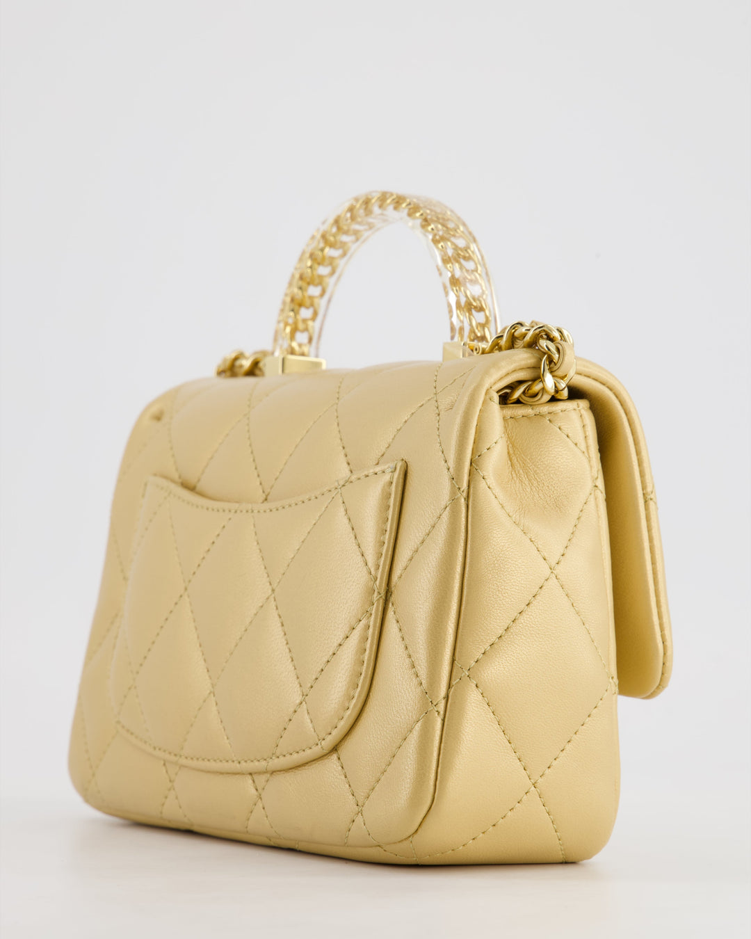 *CURRENT COLLECTION* Top Quality Chanel Metallic Gold Mini Top Handle Bag in Calfskin Leather with Gold Hardware and Clear Perspex Handle Detail