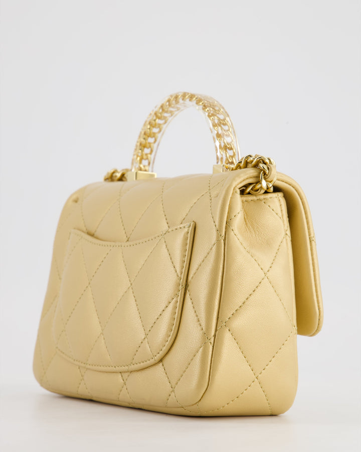 *CURRENT COLLECTION* Top Quality Chanel Metallic Gold Mini Top Handle Bag in Calfskin Leather with Gold Hardware and Clear Perspex Handle Detail