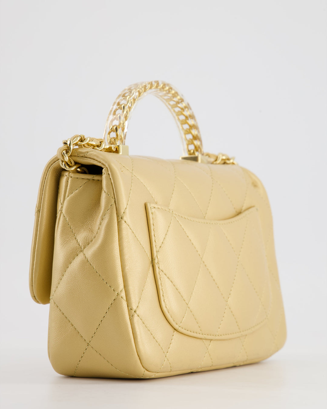 *CURRENT COLLECTION* Top Quality Chanel Metallic Gold Mini Top Handle Bag in Calfskin Leather with Gold Hardware and Clear Perspex Handle Detail