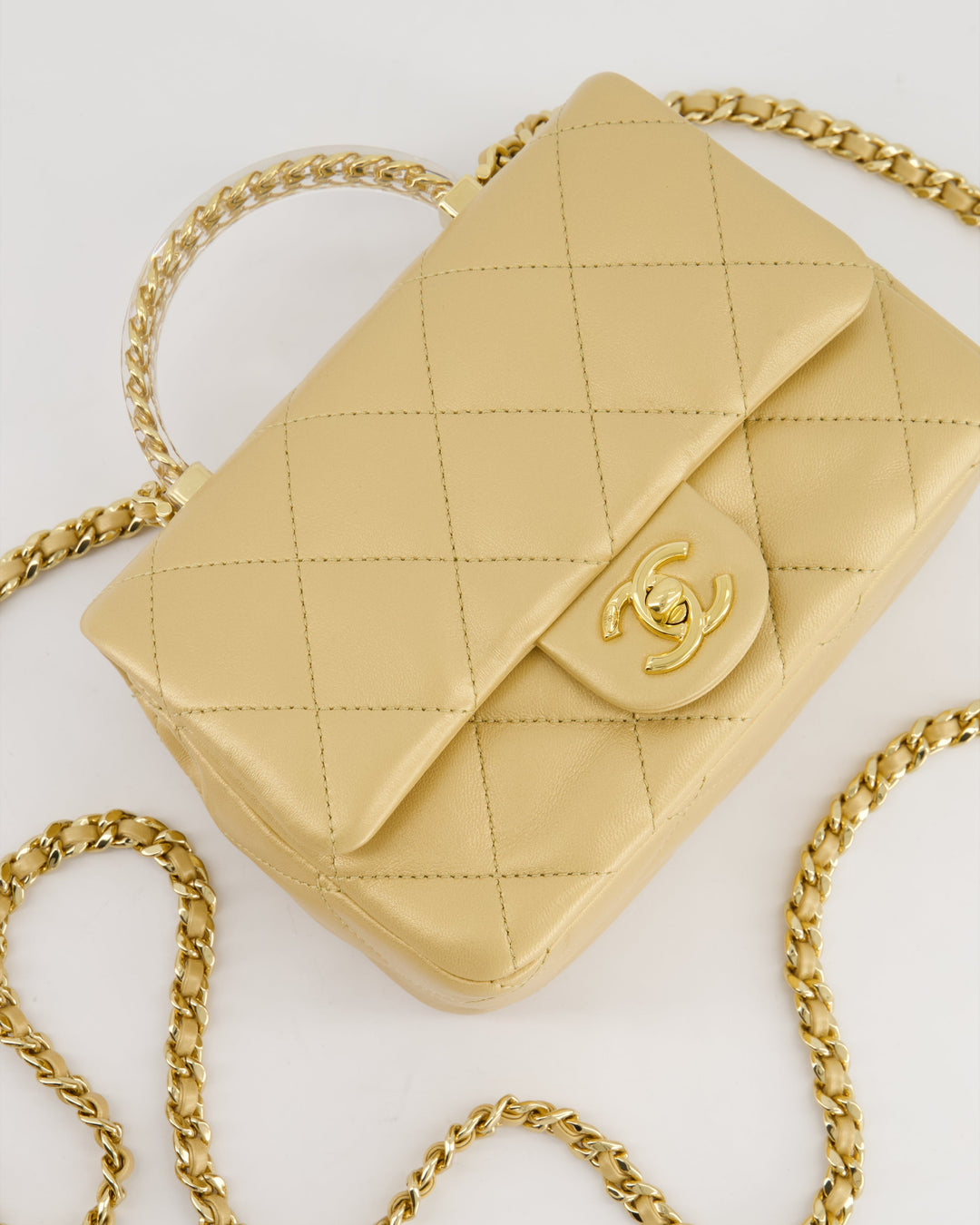 *CURRENT COLLECTION* Top Quality Chanel Metallic Gold Mini Top Handle Bag in Calfskin Leather with Gold Hardware and Clear Perspex Handle Detail