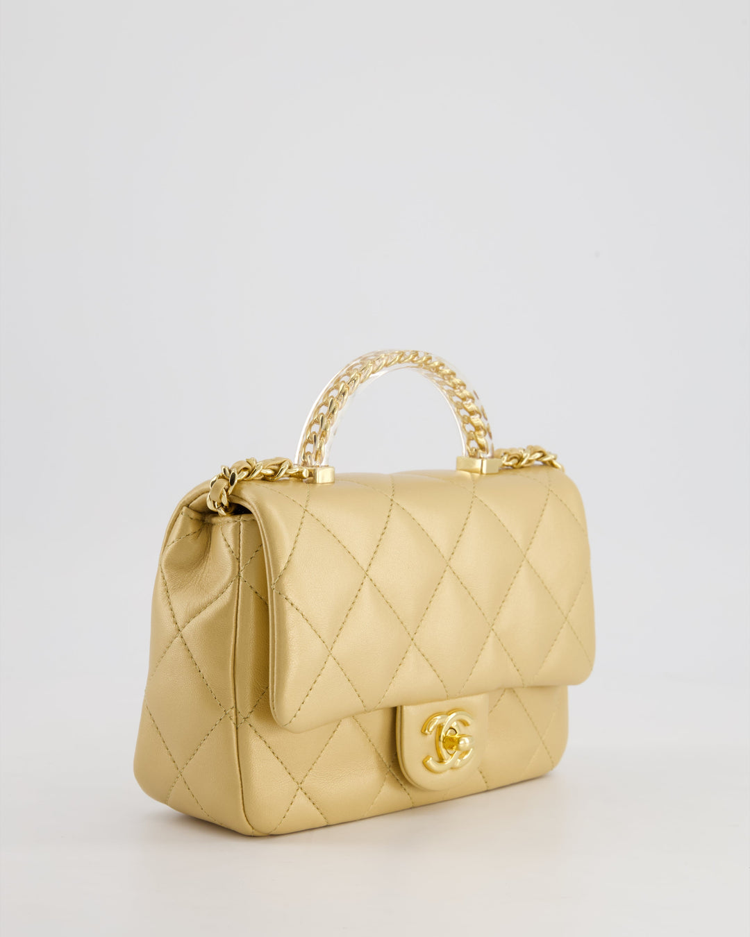 *CURRENT COLLECTION* Top Quality Chanel Metallic Gold Mini Top Handle Bag in Calfskin Leather with Gold Hardware and Clear Perspex Handle Detail