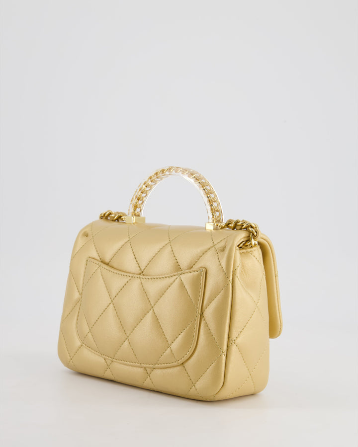 *CURRENT COLLECTION* Top Quality Chanel Metallic Gold Mini Top Handle Bag in Calfskin Leather with Gold Hardware and Clear Perspex Handle Detail
