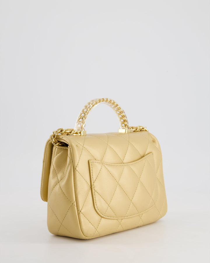 *CURRENT COLLECTION* Top Quality Chanel Metallic Gold Mini Top Handle Bag in Calfskin Leather with Gold Hardware and Clear Perspex Handle Detail