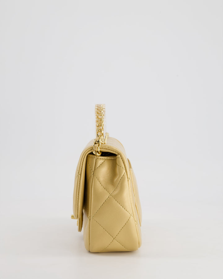 *CURRENT COLLECTION* Top Quality Chanel Metallic Gold Mini Top Handle Bag in Calfskin Leather with Gold Hardware and Clear Perspex Handle Detail
