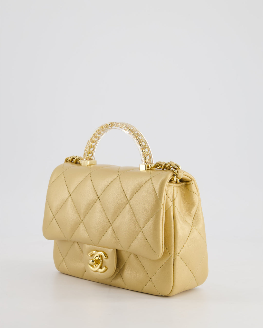 *CURRENT COLLECTION* Top Quality Chanel Metallic Gold Mini Top Handle Bag in Calfskin Leather with Gold Hardware and Clear Perspex Handle Detail