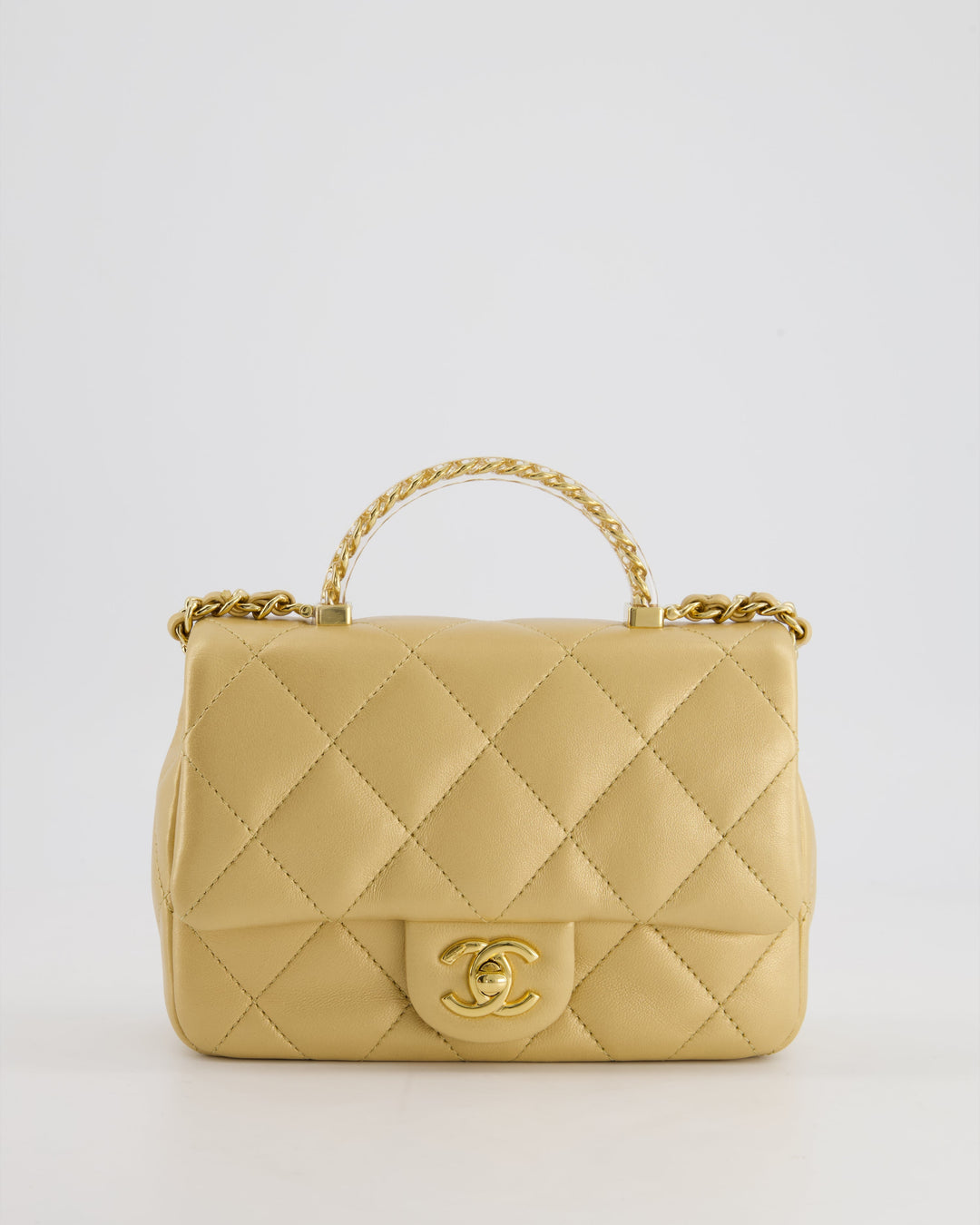 *CURRENT COLLECTION* Top Quality Chanel Metallic Gold Mini Top Handle Bag in Calfskin Leather with Gold Hardware and Clear Perspex Handle Detail