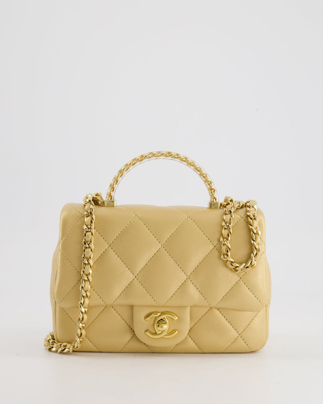 *CURRENT COLLECTION* Top Quality Chanel Metallic Gold Mini Top Handle Bag in Calfskin Leather with Gold Hardware and Clear Perspex Handle Detail