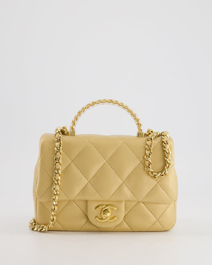 *CURRENT COLLECTION* Top Quality Chanel Metallic Gold Mini Top Handle Bag in Calfskin Leather with Gold Hardware and Clear Perspex Handle Detail