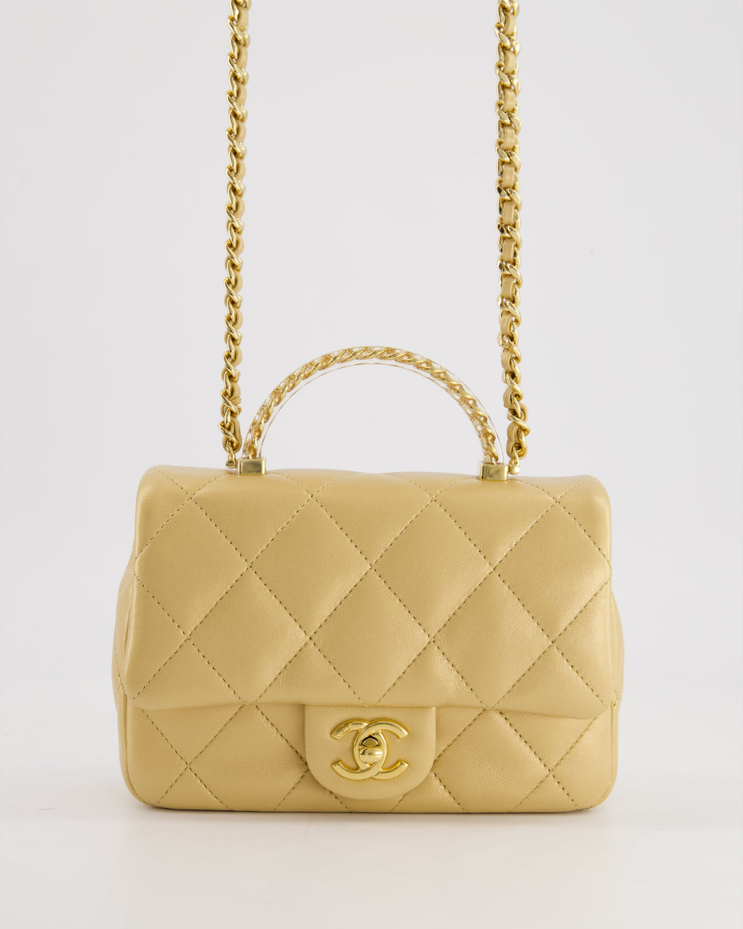 *CURRENT COLLECTION* Top Quality Chanel Metallic Gold Mini Top Handle Bag in Calfskin Leather with Gold Hardware and Clear Perspex Handle Detail