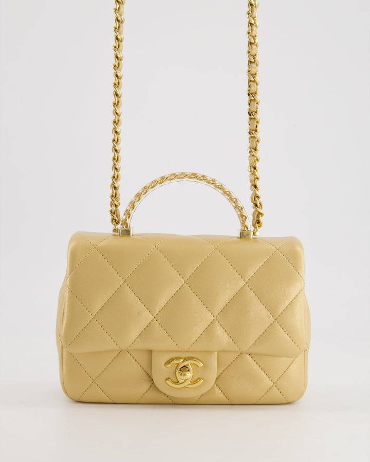 *CURRENT COLLECTION* Top Quality Chanel Metallic Gold Mini Top Handle Bag in Calfskin Leather with Gold Hardware and Clear Perspex Handle Detail