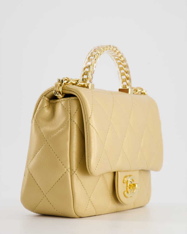 *CURRENT COLLECTION* Top Quality Chanel Metallic Gold Mini Top Handle Bag in Calfskin Leather with Gold Hardware and Clear Perspex Handle Detail