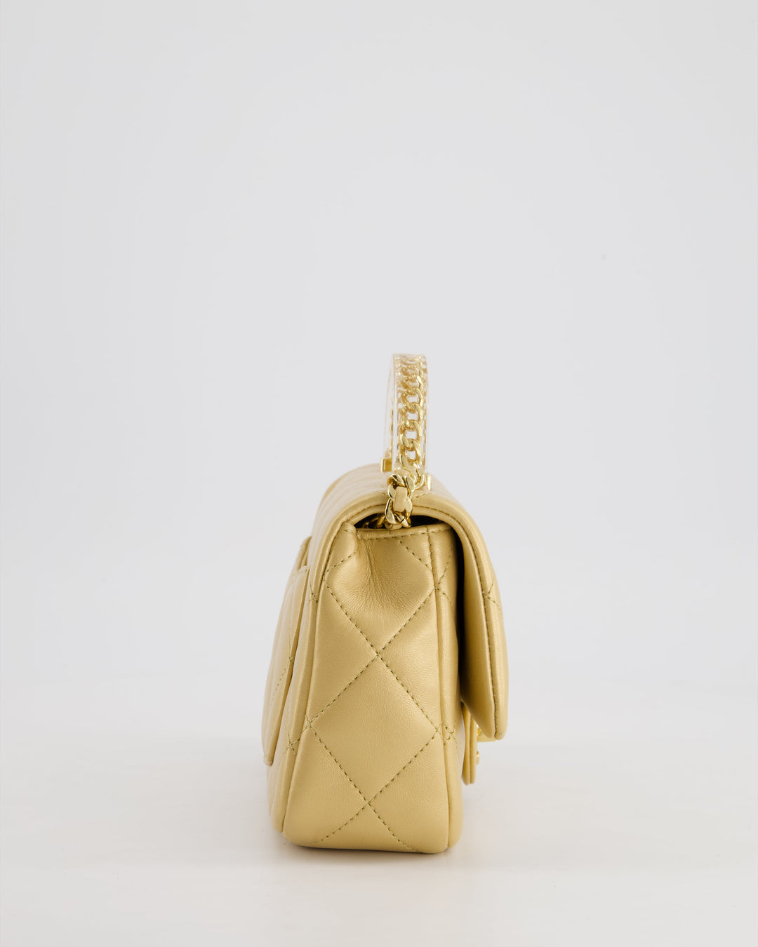 *CURRENT COLLECTION* Top Quality Chanel Metallic Gold Mini Top Handle Bag in Calfskin Leather with Gold Hardware and Clear Perspex Handle Detail