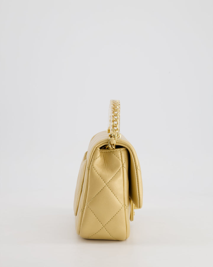 *CURRENT COLLECTION* Top Quality Chanel Metallic Gold Mini Top Handle Bag in Calfskin Leather with Gold Hardware and Clear Perspex Handle Detail