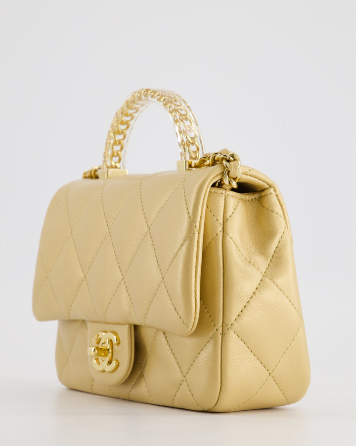 *CURRENT COLLECTION* Top Quality Chanel Metallic Gold Mini Top Handle Bag in Calfskin Leather with Gold Hardware and Clear Perspex Handle Detail
