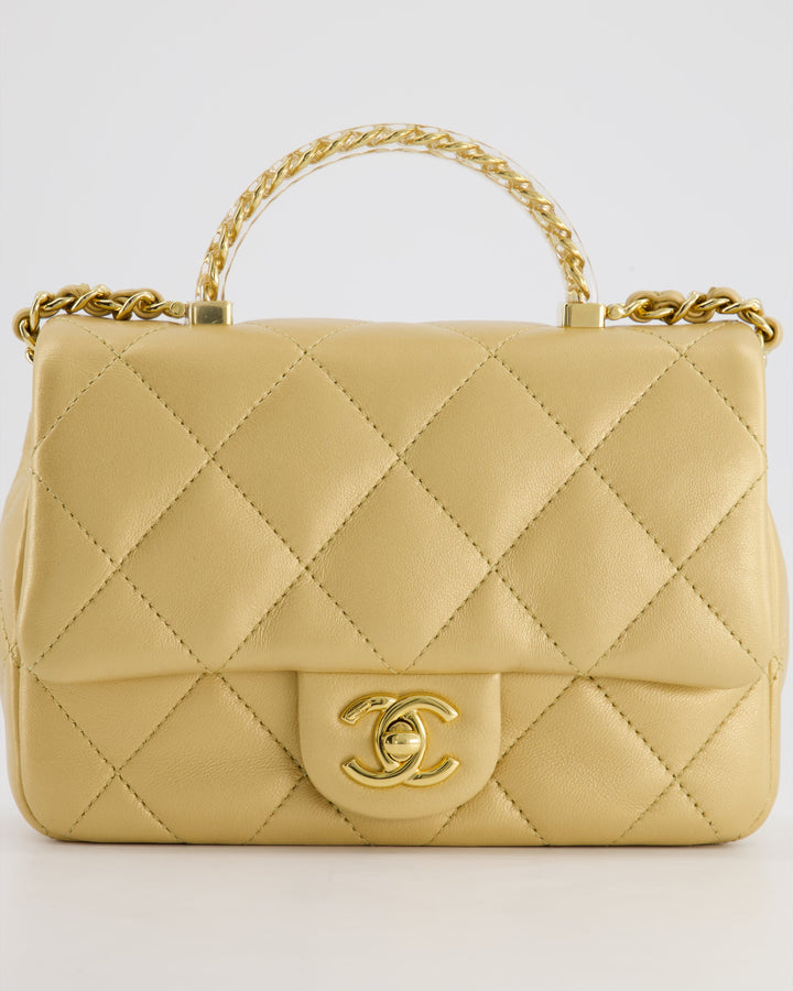 *CURRENT COLLECTION* Top Quality Chanel Metallic Gold Mini Top Handle Bag in Calfskin Leather with Gold Hardware and Clear Perspex Handle Detail