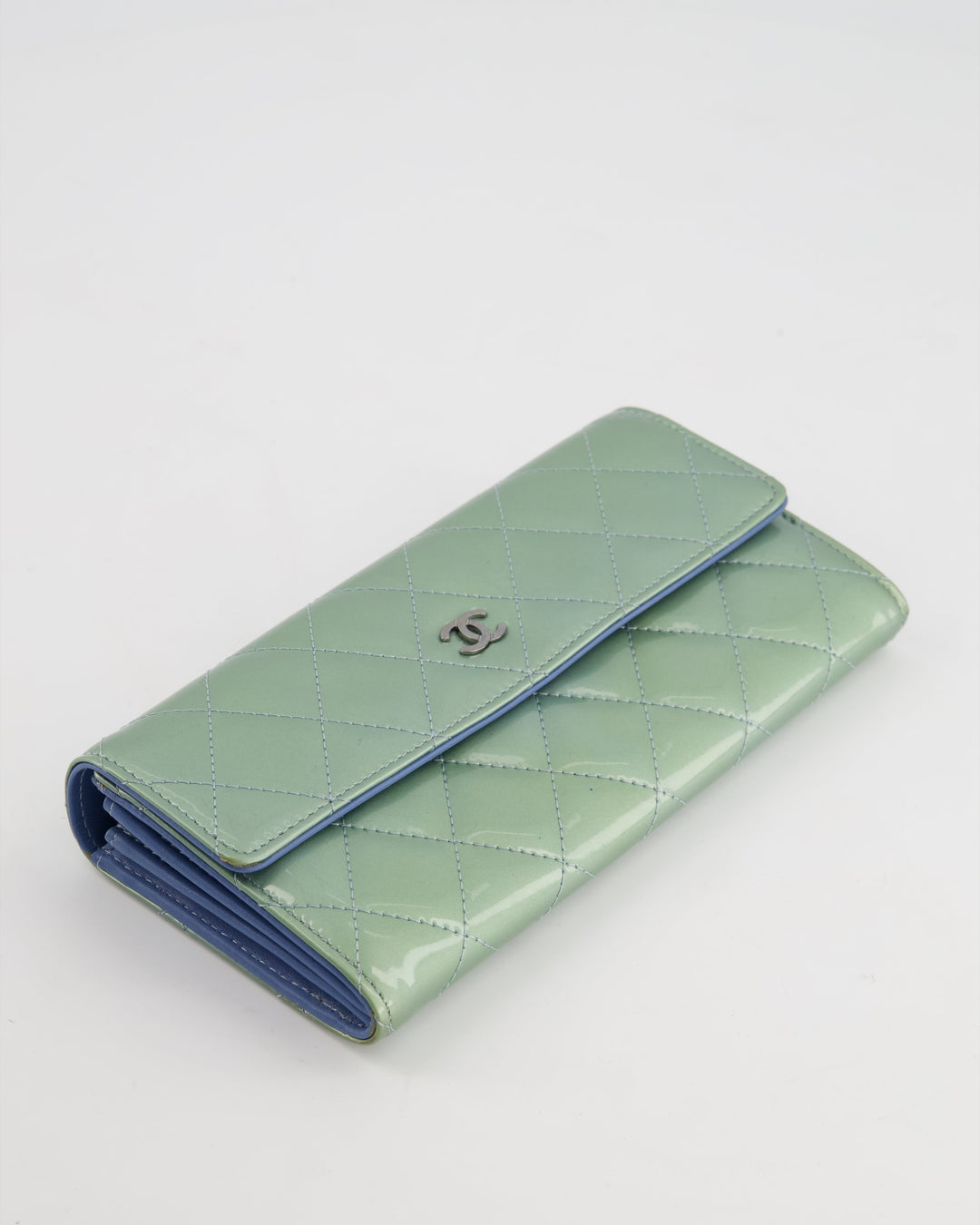Top Quality Chanel Light Blue Patent Longline Wallet with Silver Hardware