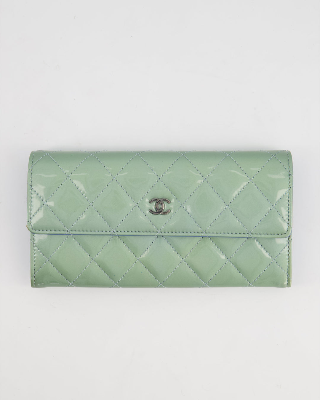 Top Quality Chanel Light Blue Patent Longline Wallet with Silver Hardware