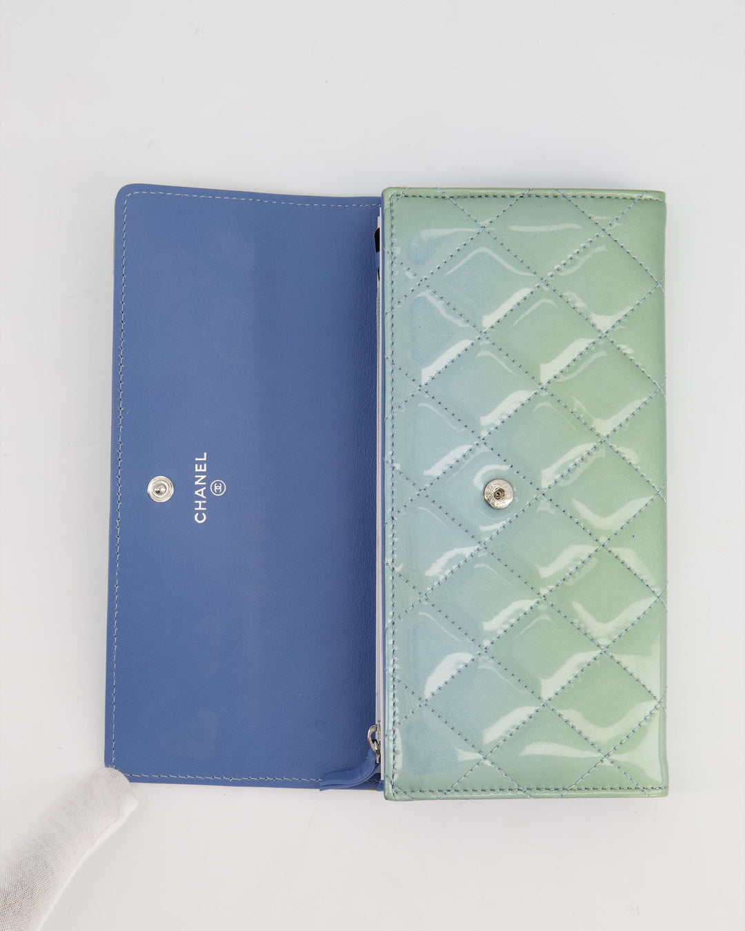 Top Quality Chanel Light Blue Patent Longline Wallet with Silver Hardware