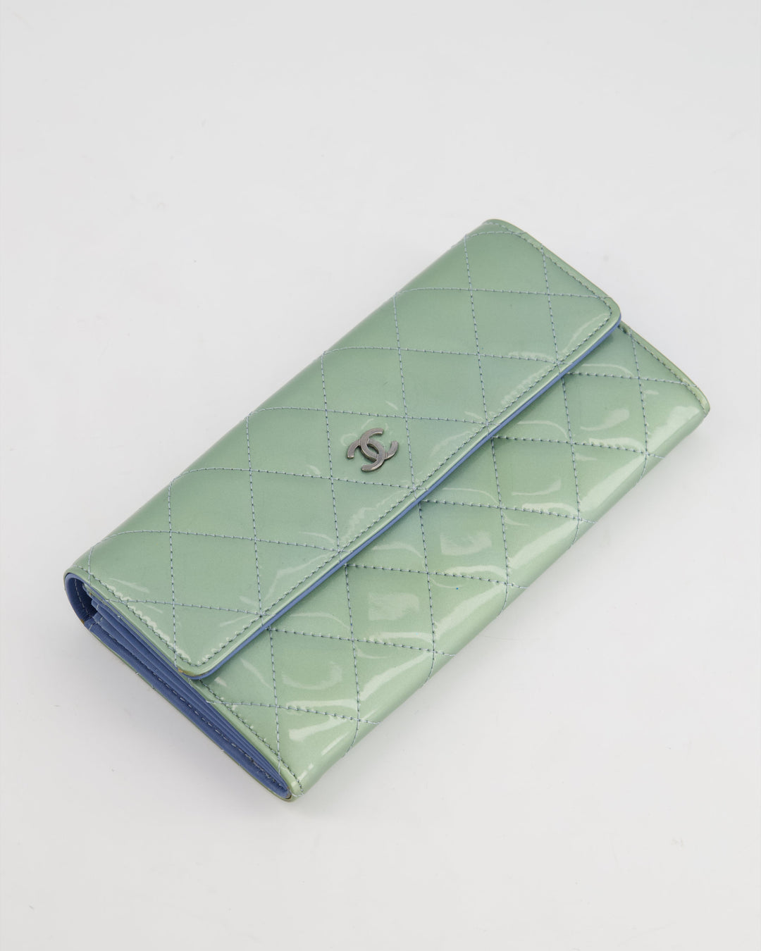 Top Quality Chanel Light Blue Patent Longline Wallet with Silver Hardware