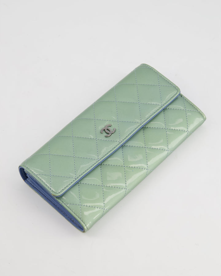 Top Quality Chanel Light Blue Patent Longline Wallet with Silver Hardware