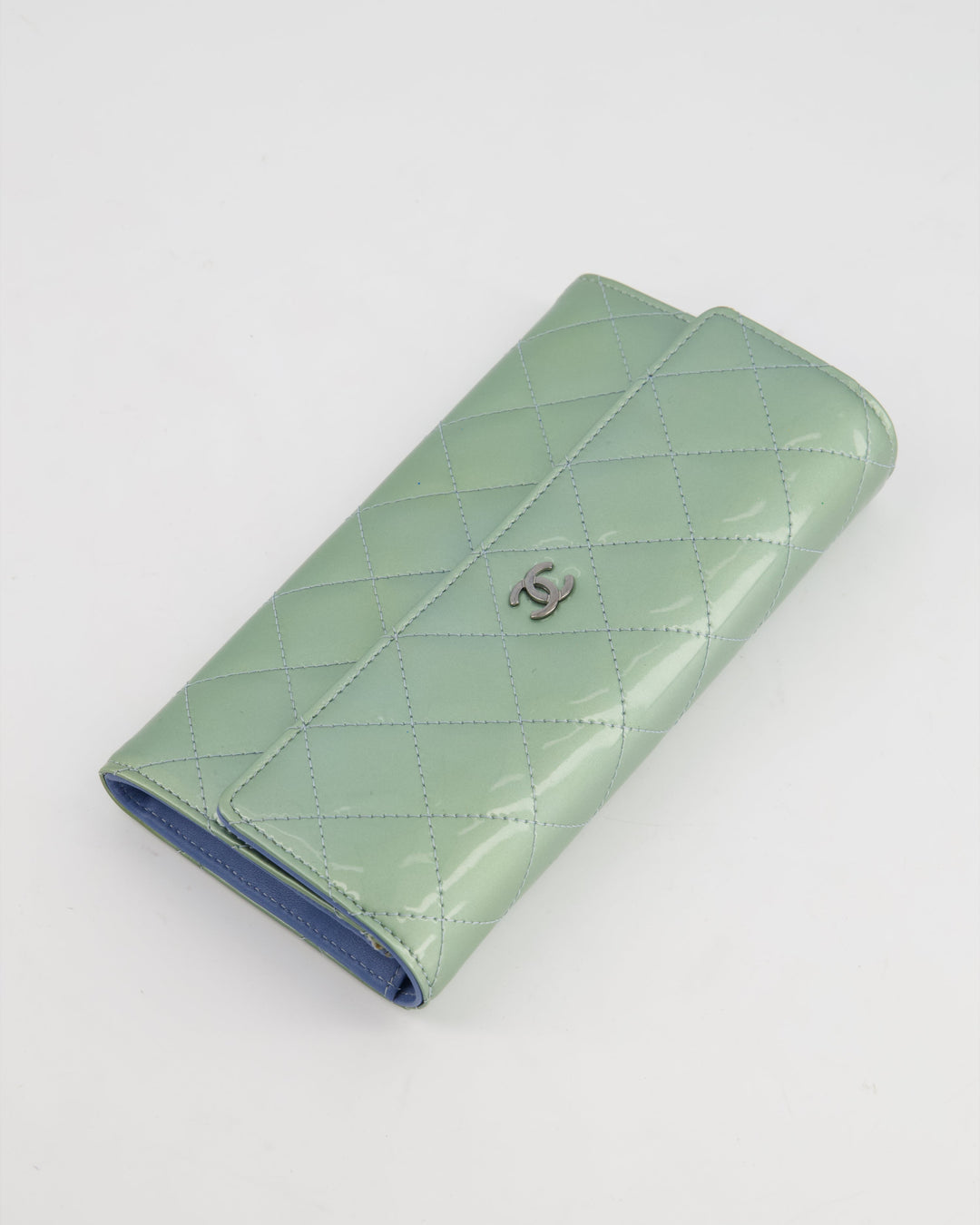 Top Quality Chanel Light Blue Patent Longline Wallet with Silver Hardware