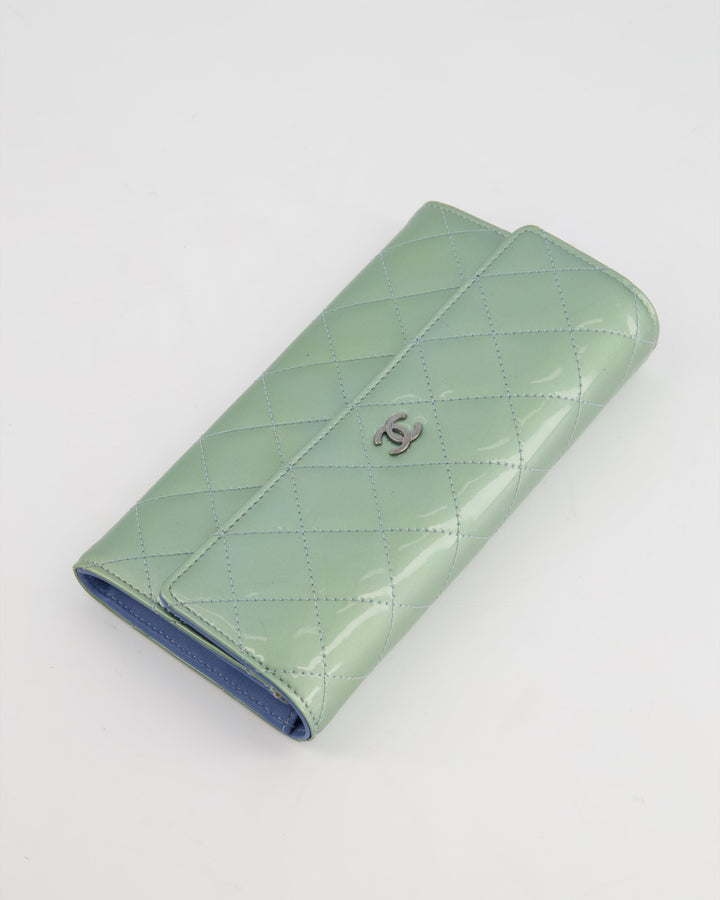 Top Quality Chanel Light Blue Patent Longline Wallet with Silver Hardware