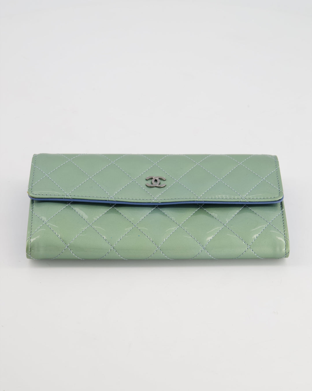 Top Quality Chanel Light Blue Patent Longline Wallet with Silver Hardware