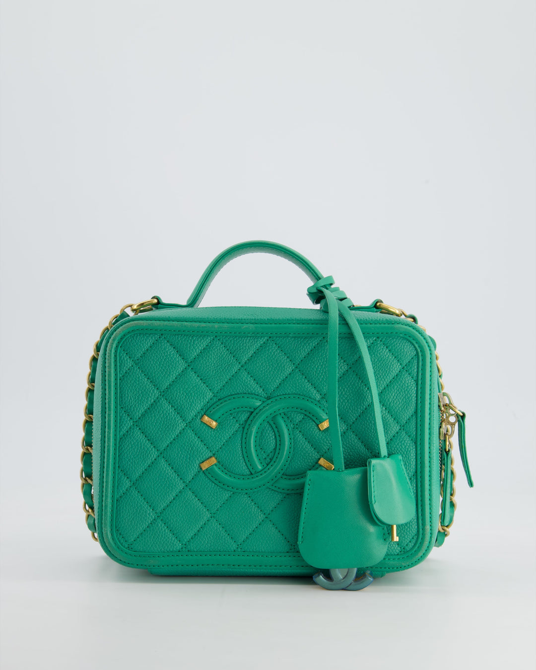 *HOT* Top Quality Chanel Mint Green Medium CC Vanity Case Bag in Caviar Leather with Brushed Gold Hardware