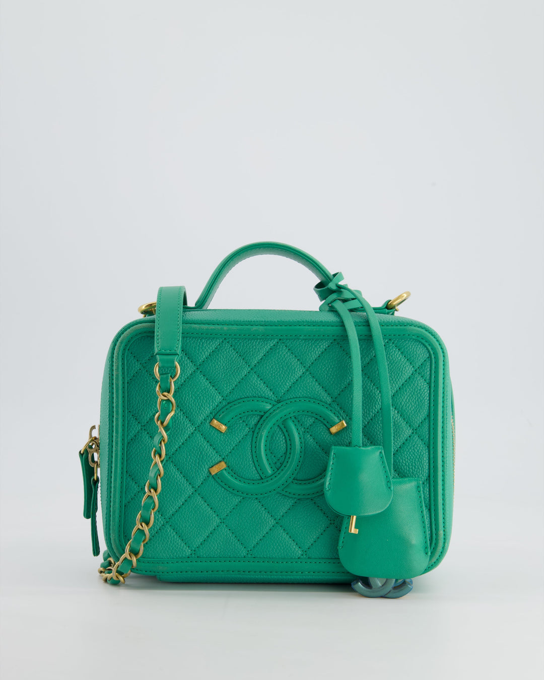 *HOT* Top Quality Chanel Mint Green Medium CC Vanity Case Bag in Caviar Leather with Brushed Gold Hardware