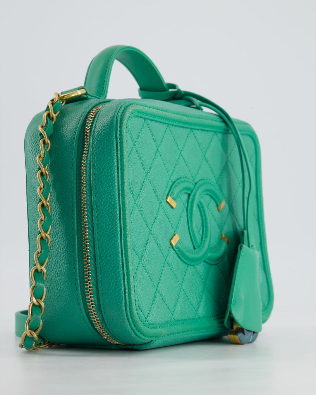 *HOT* Top Quality Chanel Mint Green Medium CC Vanity Case Bag in Caviar Leather with Brushed Gold Hardware