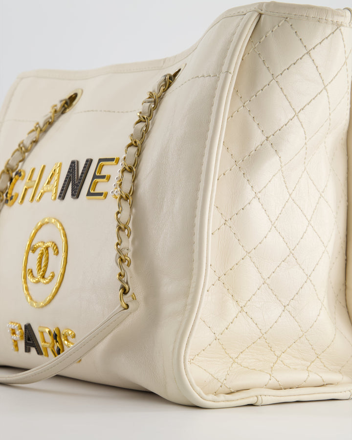 *HOT* Top Quality Chanel White Small Deauville Tote Bag in Aged Calfskin Leather with Antique Gold Hardware and Pearl, Crystal Logo Detail