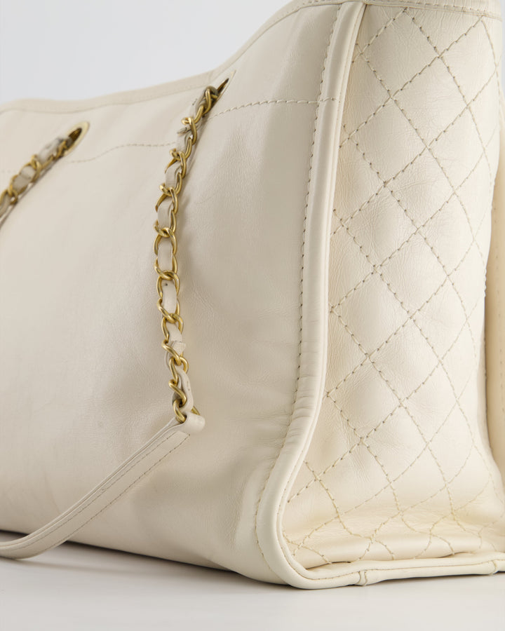 *HOT* Top Quality Chanel White Small Deauville Tote Bag in Aged Calfskin Leather with Antique Gold Hardware and Pearl, Crystal Logo Detail