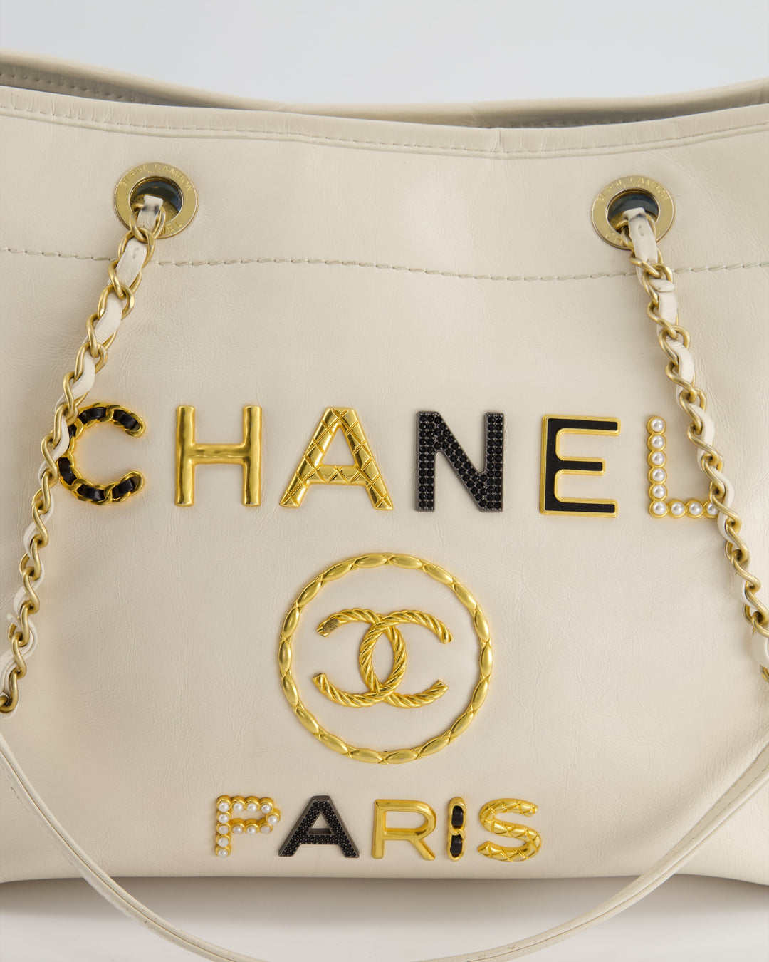 *HOT* Top Quality Chanel White Small Deauville Tote Bag in Aged Calfskin Leather with Antique Gold Hardware and Pearl, Crystal Logo Detail