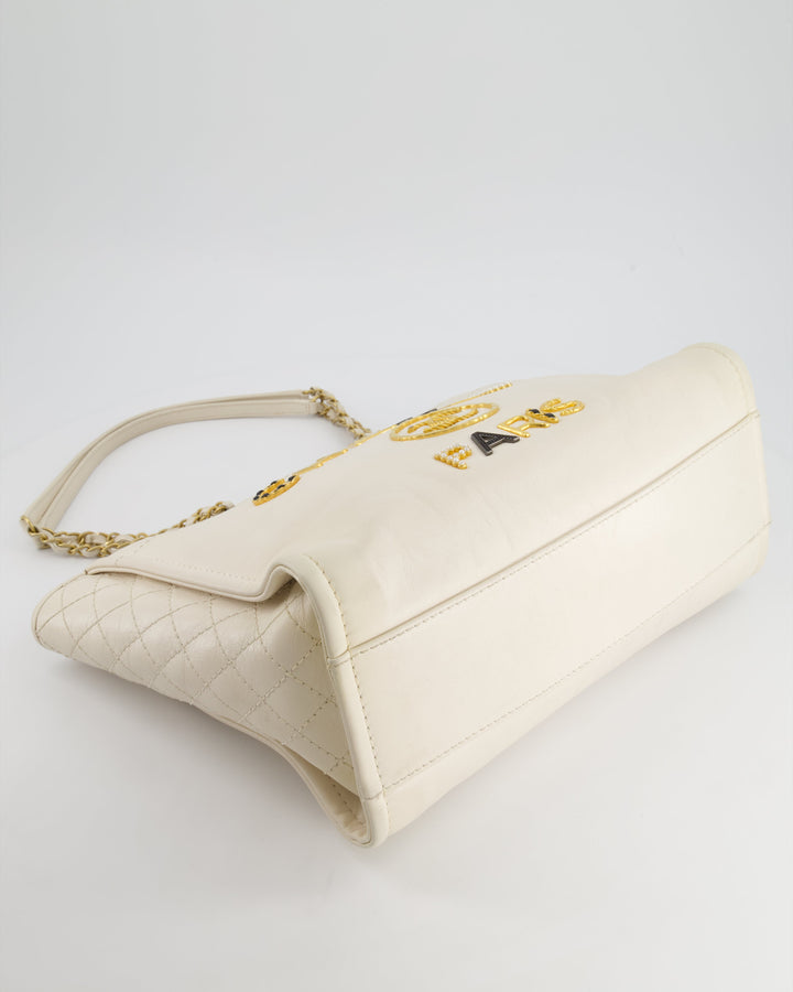 *HOT* Top Quality Chanel White Small Deauville Tote Bag in Aged Calfskin Leather with Antique Gold Hardware and Pearl, Crystal Logo Detail
