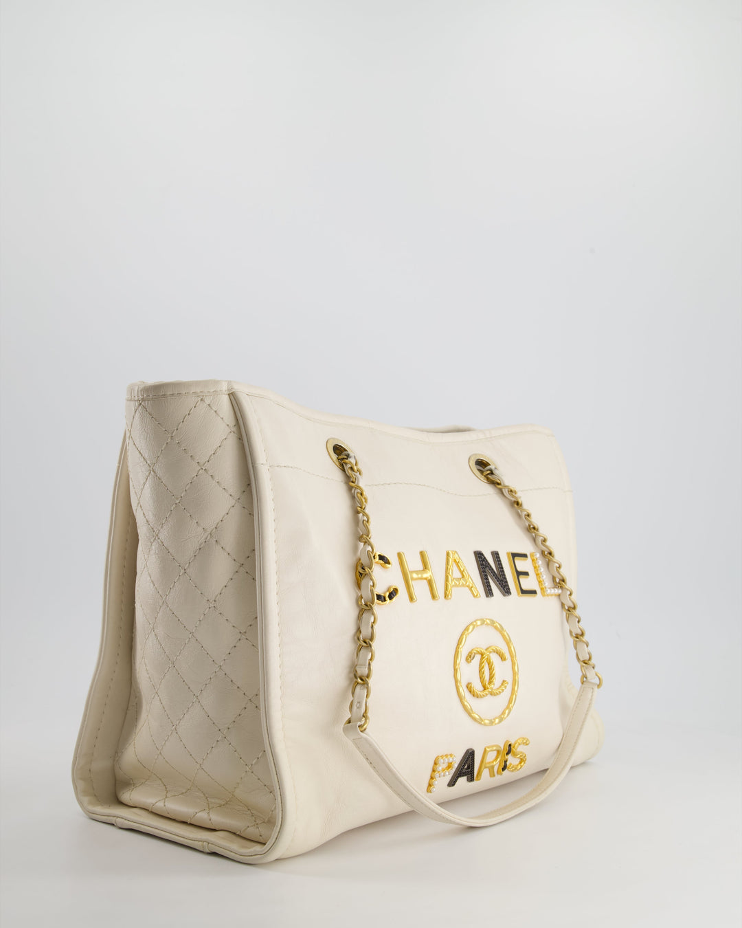 *HOT* Top Quality Chanel White Small Deauville Tote Bag in Aged Calfskin Leather with Antique Gold Hardware and Pearl, Crystal Logo Detail