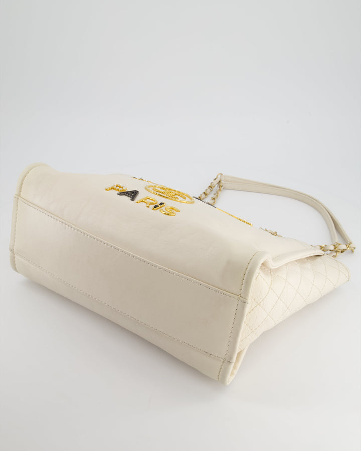 *HOT* Top Quality Chanel White Small Deauville Tote Bag in Aged Calfskin Leather with Antique Gold Hardware and Pearl, Crystal Logo Detail