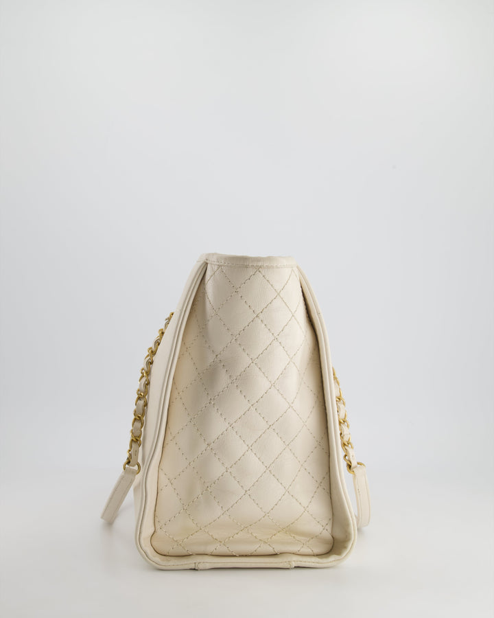 *HOT* Top Quality Chanel White Small Deauville Tote Bag in Aged Calfskin Leather with Antique Gold Hardware and Pearl, Crystal Logo Detail