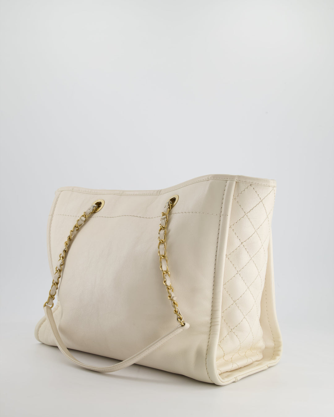 *HOT* Top Quality Chanel White Small Deauville Tote Bag in Aged Calfskin Leather with Antique Gold Hardware and Pearl, Crystal Logo Detail
